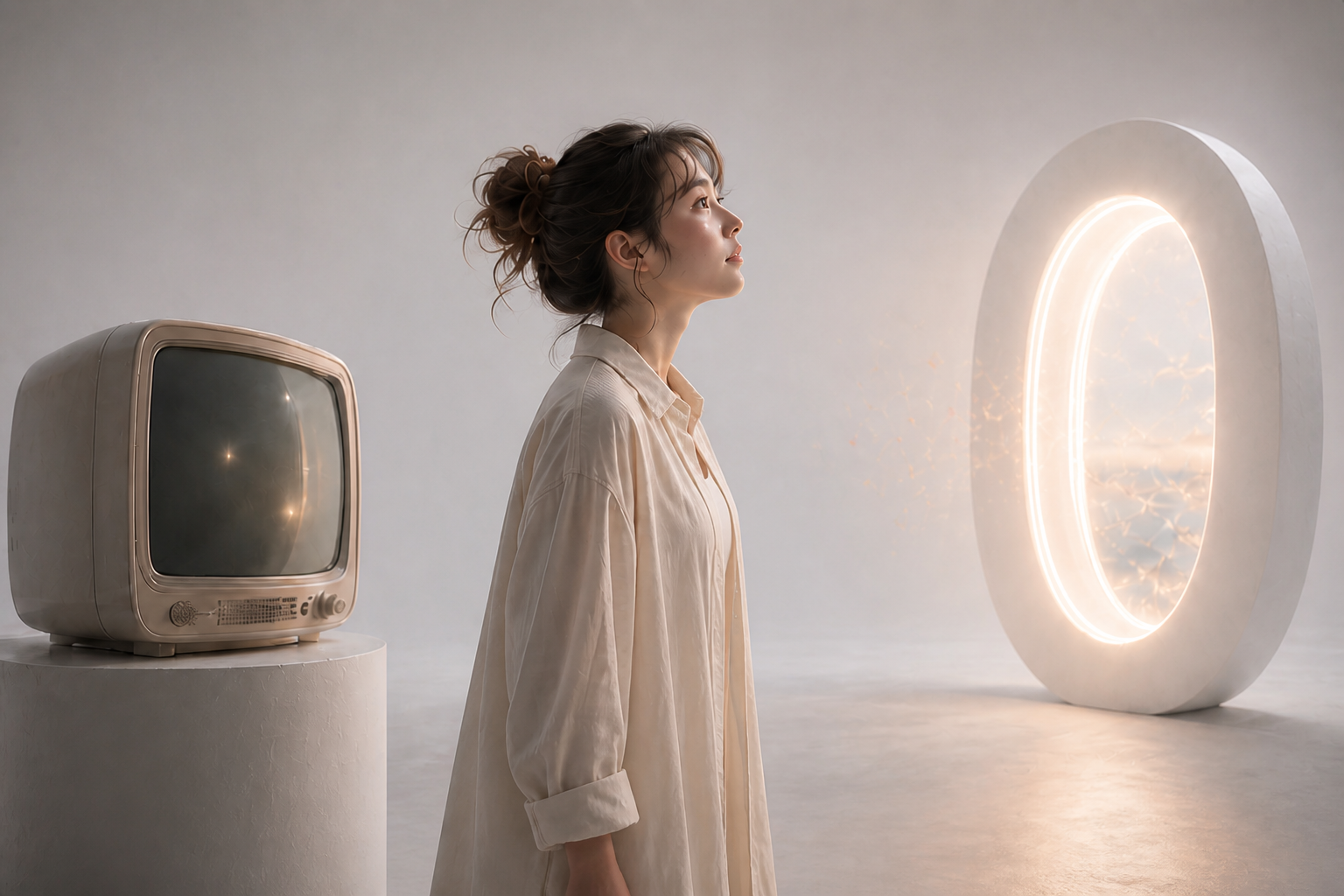 A woman between a vintage television and the glowing zero portal